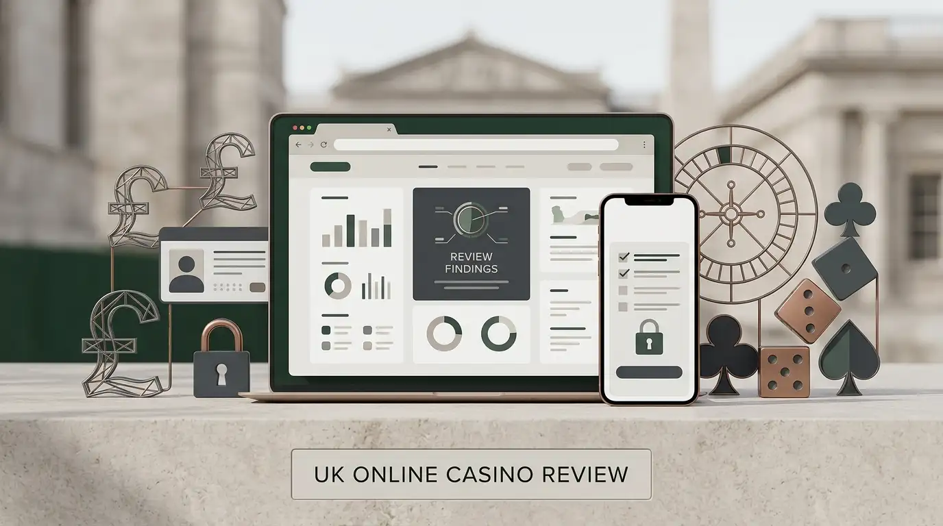Editorial illustration representing a UK casino review across desktop and mobile